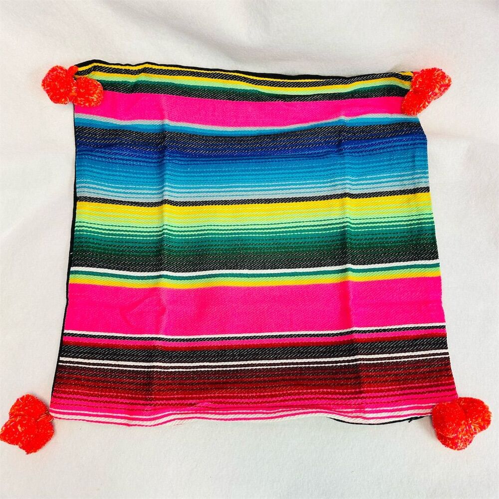Colorful Mexican Boho Serape‎ Striped Pillow Cover 18x18 Pink w Poms BNWT fiesta